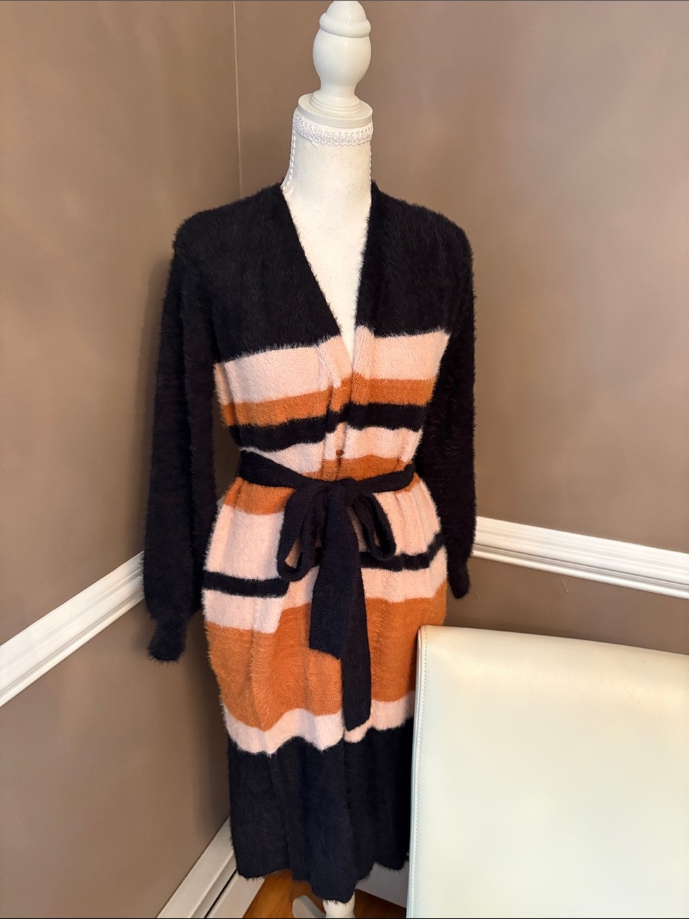 Striped Belted Long Cardigan Sweater - Black, Pink & Orange